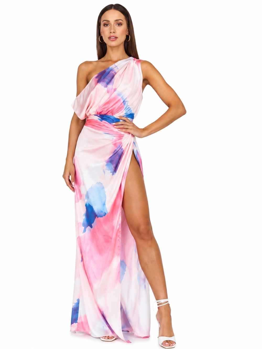 New SELFIE LESLIE Draped SATIN Maxi Dress Watercolor Slit WEDDING Glamour